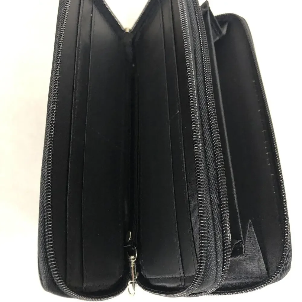 Black And White Skull Long Thick Bifold Wallet, 8x4x1.5”, 2 Compartment Dual Zip